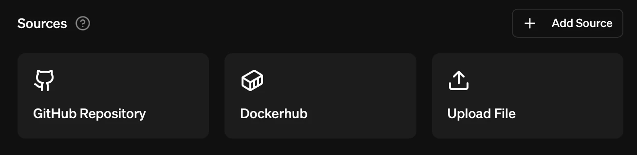 Source selection showing the three options (GitHub, Docker Hub, File Upload)